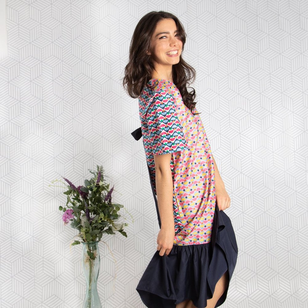 Geometric Printed Bottom Ruffle Hem Dress (Dot & Stripe)